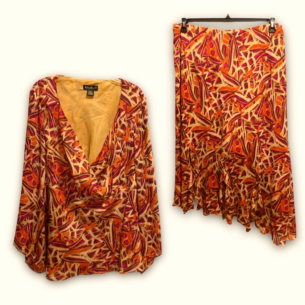 Ashley Stewart 24W ruffle handkerchief faux wrap Jacket Skirt Set orange fuchsia